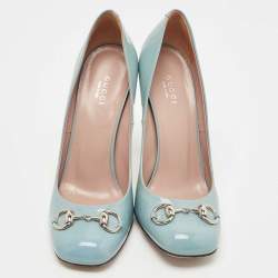 Pre Owned Gucci Blue Patent Leather Jolene Horsebit Pumps Size 39