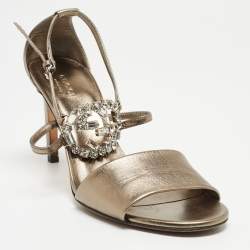 Gucci Metallic Grey Leather Crystal Embellished Ankle Strap Sandals Size 39