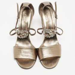 Gucci Metallic Grey Leather Crystal Embellished Ankle Strap Sandals Size 39