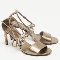 Gucci Metallic Grey Leather Crystal Embellished Ankle Strap Sandals Size 39