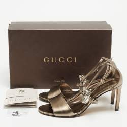 Gucci Metallic Grey Leather Crystal Embellished Ankle Strap Sandals Size 39