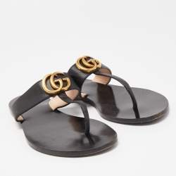 Gucci Black Leather GG Marmont Thong Flats Size 37