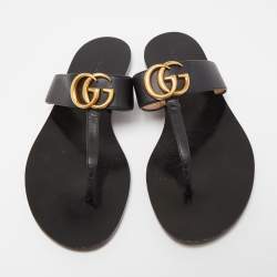 Gucci Black Leather GG Marmont Thong Flats Size 37