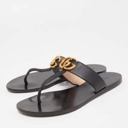 Gucci Black Leather GG Marmont Thong Flats Size 37