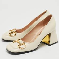 مملوكة مسبقًا Gucci Off White Leather Horsebit Loafer Pumps Size 36