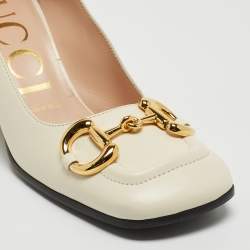 مملوكة مسبقًا Gucci Off White Leather Horsebit Loafer Pumps Size 36