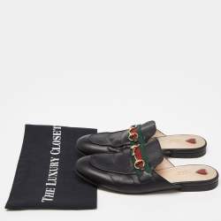 Gucci Black Leather GG Web Princetown Slide Mules Size 39