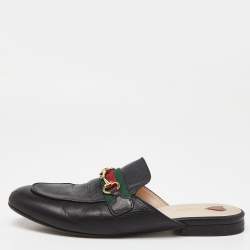 Gucci Black Leather GG Web Princetown Slide Mules Size 39