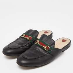 Gucci Black Leather GG Web Princetown Slide Mules Size 39