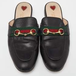 Gucci Black Leather GG Web Princetown Slide Mules Size 39