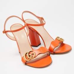 Gucci Orange Leather GG Marmont Ankle Strap Sandals Size 38