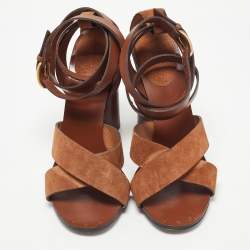 Pre Owned Gucci Brown Leather and Suede Candy Cross Sandals Size 39.5