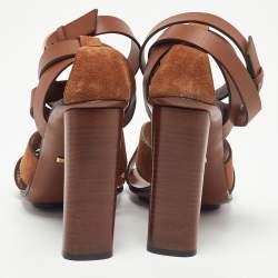 Pre Owned Gucci Brown Leather and Suede Candy Cross Sandals Size 39.5