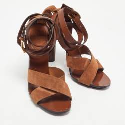 Pre Owned Gucci Brown Leather and Suede Candy Cross Sandals Size 39.5