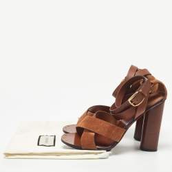 Pre Owned Gucci Brown Leather and Suede Candy Cross Sandals Size 39.5