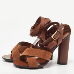 Pre Owned Gucci Brown Leather and Suede Candy Cross Sandals Size 39.5