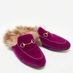 Gucci Purple Velvet and Fur Lined Princetown Flat Mules Size 39.5