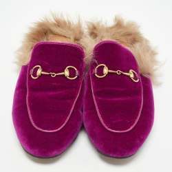 Gucci Purple Velvet and Fur Lined Princetown Flat Mules Size 39.5