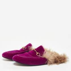 Gucci Purple Velvet and Fur Lined Princetown Flat Mules Size 39.5