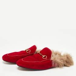 مملوكة مسبقًا Gucci Red Velvet Horsebit Princetown Flat Mules Size 40