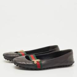 Pre Owned Gucci Black Leather Bayadere Bee Flats Size 35