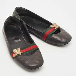 Pre Owned Gucci Black Leather Bayadere Bee Flats Size 35