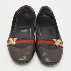 Pre Owned Gucci Black Leather Bayadere Bee Flats Size 35