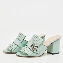 Gucci Blue Leather GG Marmont Fringe Slide Sandals Size 36