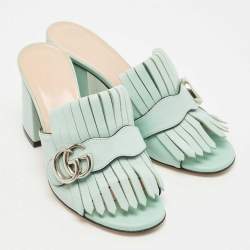 Gucci Blue Leather GG Marmont Fringe Slide Sandals Size 36