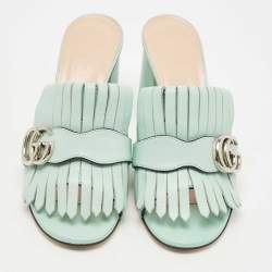 Gucci Blue Leather GG Marmont Fringe Slide Sandals Size 36