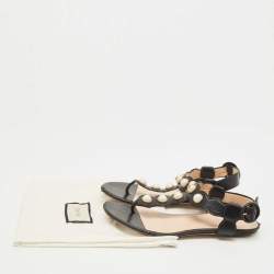 Gucci Black Leather Faux Pearl Willow Flat Sandals Size 35