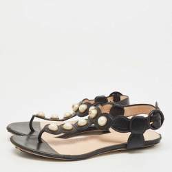 Gucci Black Leather Faux Pearl Willow Flat Sandals Size 35