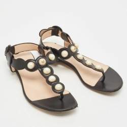 Gucci Black Leather Faux Pearl Willow Flat Sandals Size 35