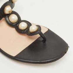 Gucci Black Leather Faux Pearl Willow Flat Sandals Size 35