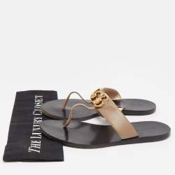 Pre Owned Gucci Light Brown Leather GG Marmont Thong Flats Size 37