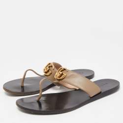Pre Owned Gucci Light Brown Leather GG Marmont Thong Flats Size 37