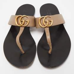 Pre Owned Gucci Light Brown Leather GG Marmont Thong Flats Size 37