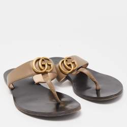 Pre Owned Gucci Light Brown Leather GG Marmont Thong Flats Size 37