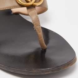 Pre Owned Gucci Light Brown Leather GG Marmont Thong Flats Size 37