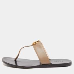 Pre Owned Gucci Light Brown Leather GG Marmont Thong Flats Size 37