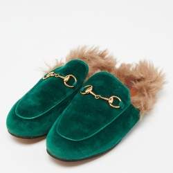 Gucci Green Velvet Horsebit Princetown Flat Mules Size 35