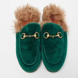 Gucci Green Velvet Horsebit Princetown Flat Mules Size 35