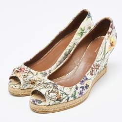  Gucci Multicolor Floral Print Canvas Horsebit Peep Toe Wedge Pumps Size 39