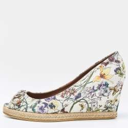  Gucci Multicolor Floral Print Canvas Horsebit Peep Toe Wedge Pumps Size 39