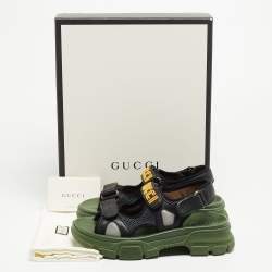 مملوكة مسبقًا Gucci Black/Green Leather and Mesh Sega Velcro Slingback Sandals Size 38.5