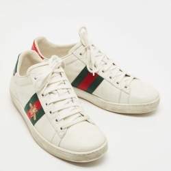 Gucci White Leather And Python Embossed Leather Ace Bee Web Low Top Sneakers Size 37
