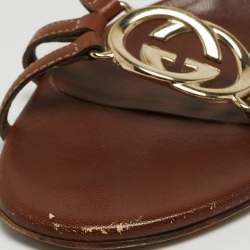 Gucci Brown Leather Interlocking G Slide Sandals Size 38