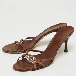 Gucci Brown Leather Interlocking G Slide Sandals Size 38