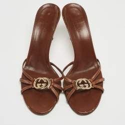 Gucci Brown Leather Interlocking G Slide Sandals Size 38
