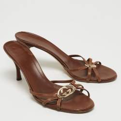 Gucci Brown Leather Interlocking G Slide Sandals Size 38